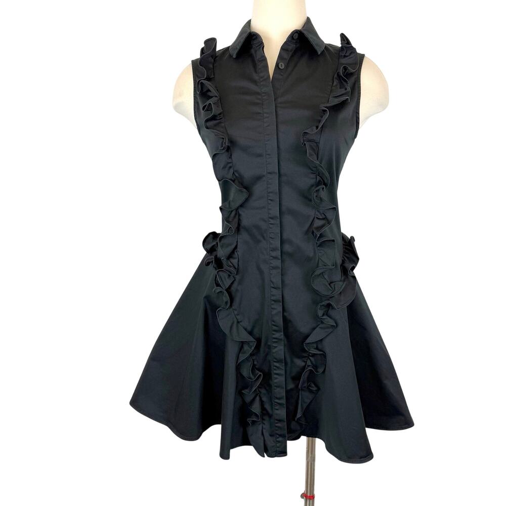 Alexis Black Huxley Ruffle Mini Shirt Dress Sleeveless Preppy Feminine S
